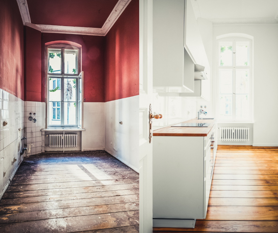 Comparación de un baño antes y después de una reforma, mostrando una mejora en la distribución y la estética.